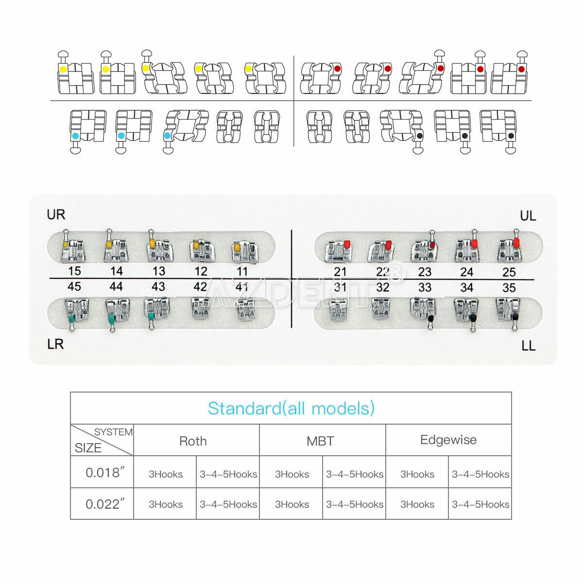 20Packs AZDENT Dental Metal Brackets Standard MBT Slot .022 Hooks 345 20pcs/pack