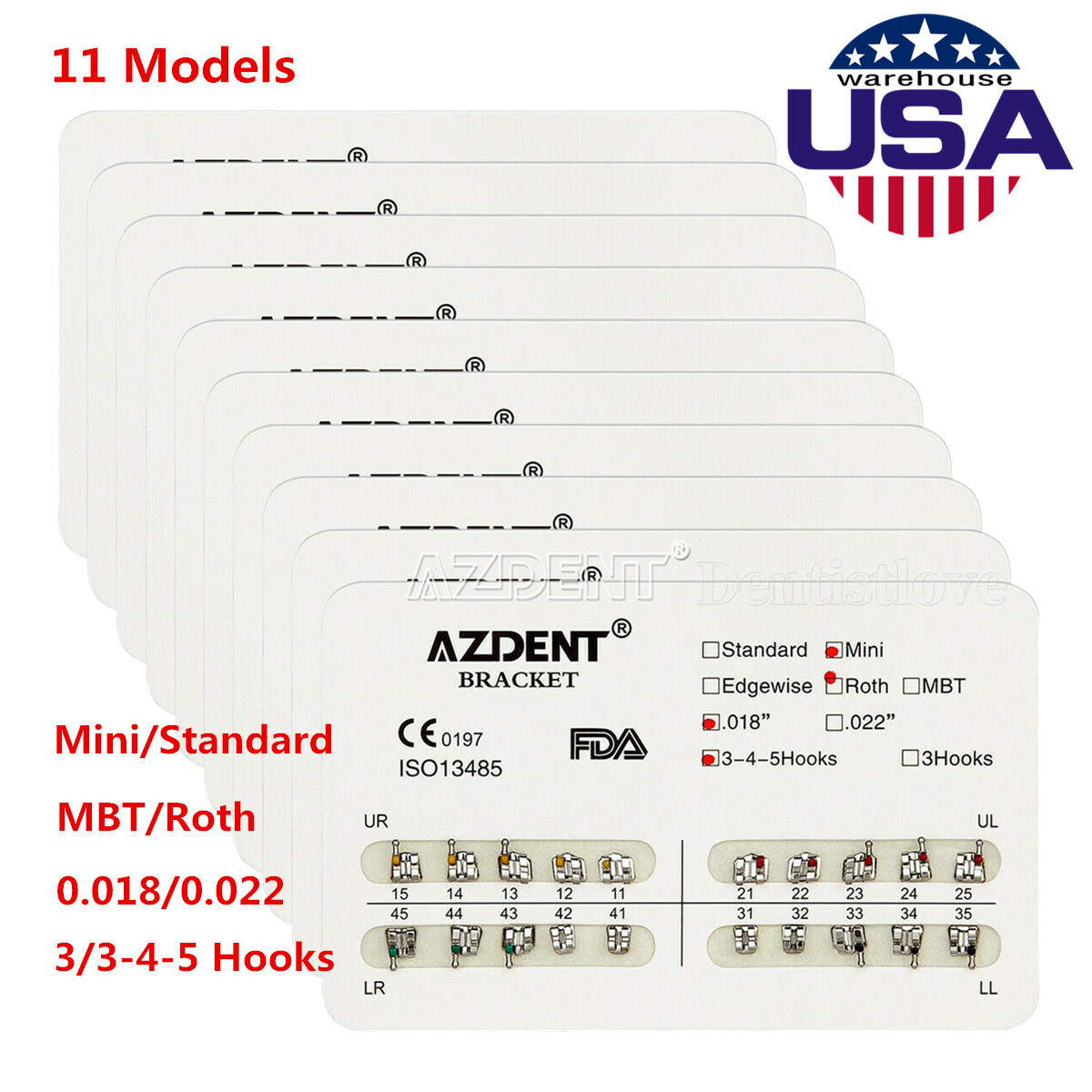 10X AZDENT Dental Metal Brackets Mini/Standard Roth/MBT 018/022 Hooks 3/3-4-5