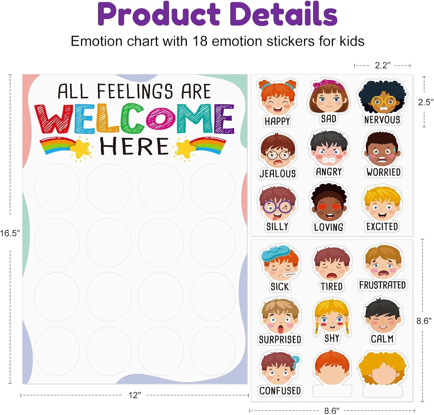Feelings Chart for Kids with 18pcs Emotion Stickers 12×16.5 Inch Prek Emotion…
