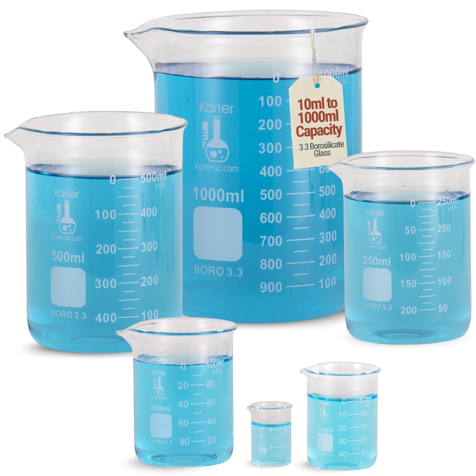 Karter Scientific Low Form Glass Beaker 5 Piece Set 50, 100, 250, 500, & 1000