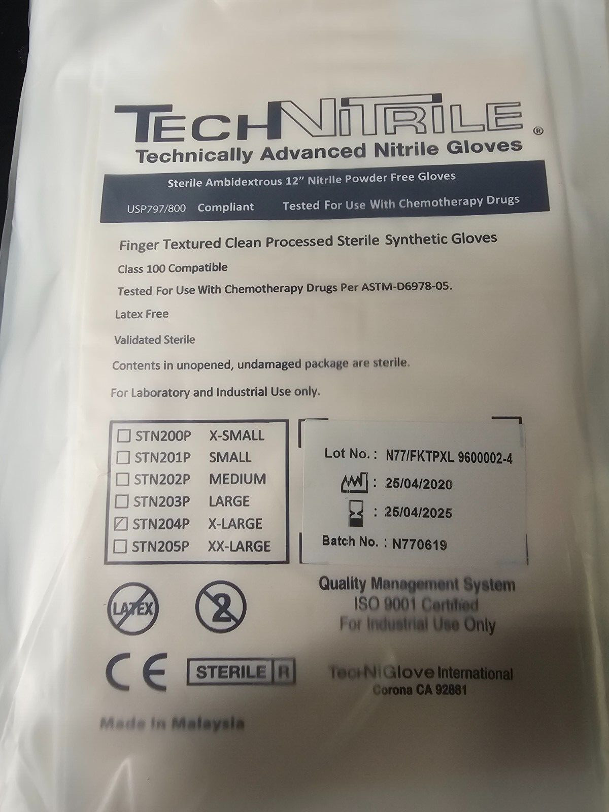 (50) PAIRS TechNiGlove STERILE AMBIDEXTROUS NITRILE CLEANROOM GLOVES – X-LARGE