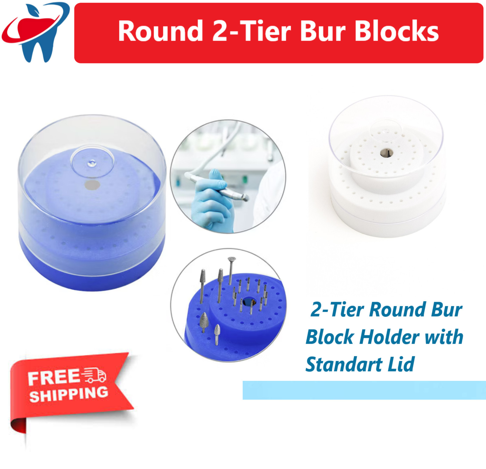 Dental 2 Tier Round Bur Block Holder with Lid – Plastic Fits 60 Burs HP RA FG