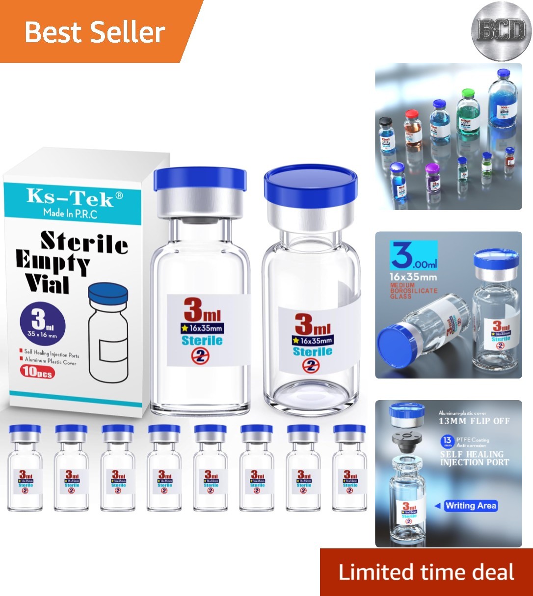 Pack of 10 Sterile 3ml Glass Vials with Injection Port – Ideal for Labs