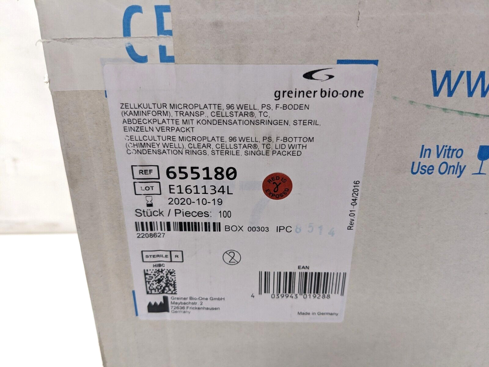 100pcs / Box Greiner Bio-One REF 655180 Cellstar 96 Well Cell Culture Microplate