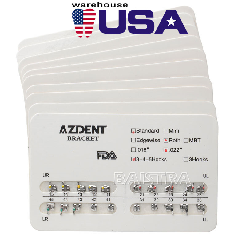 US AZDENT Dental Orthodontic Brackets Braces Standard Roth .022 Hooks 3-4-5
