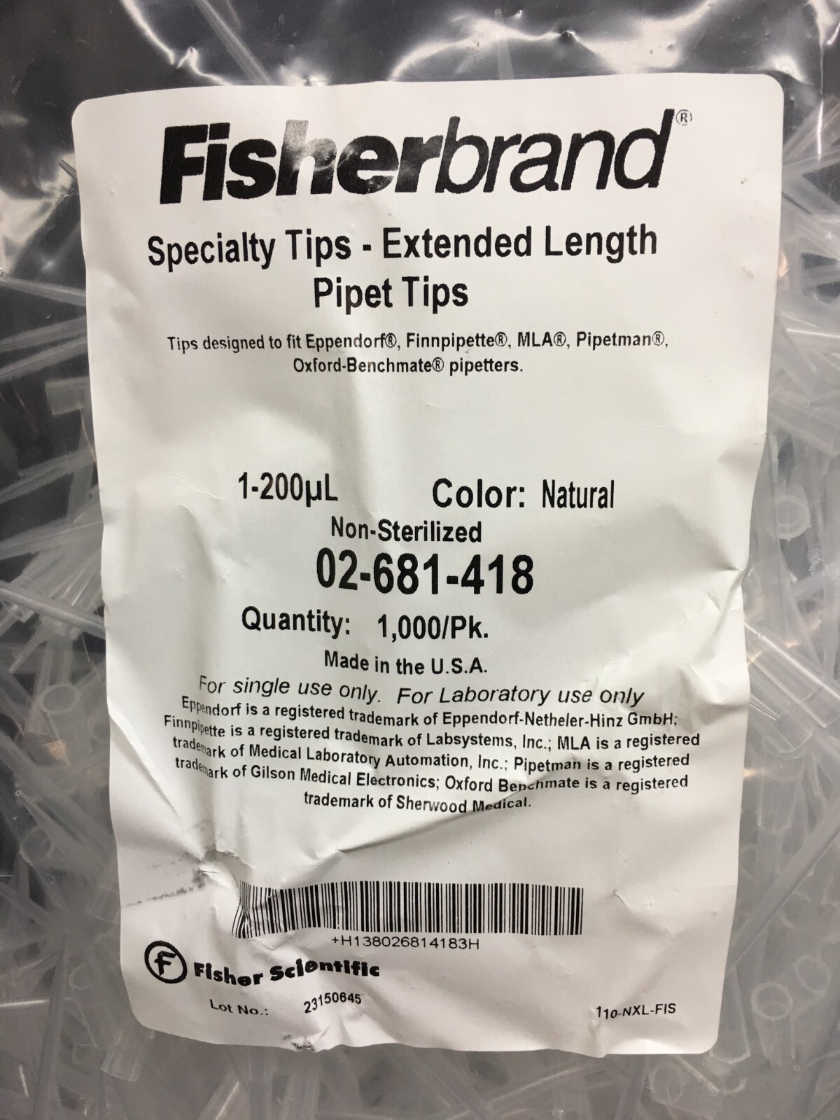 Fisherbrand REF 02-681-418 Specialty Tips Extended Length 1-200uL Natural 1000PC