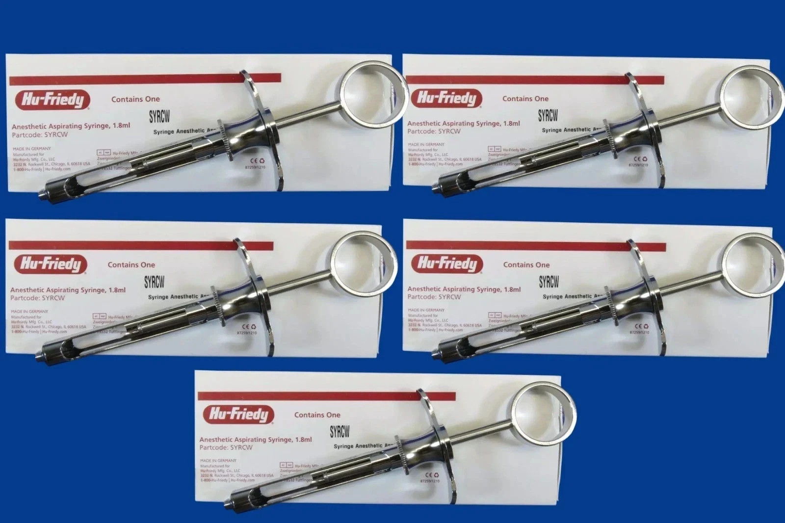 NEW Lot of 5 Hu-Friedy CW Style Dental Anesthetic Aspirating 1.8ml Syringe SYRCW