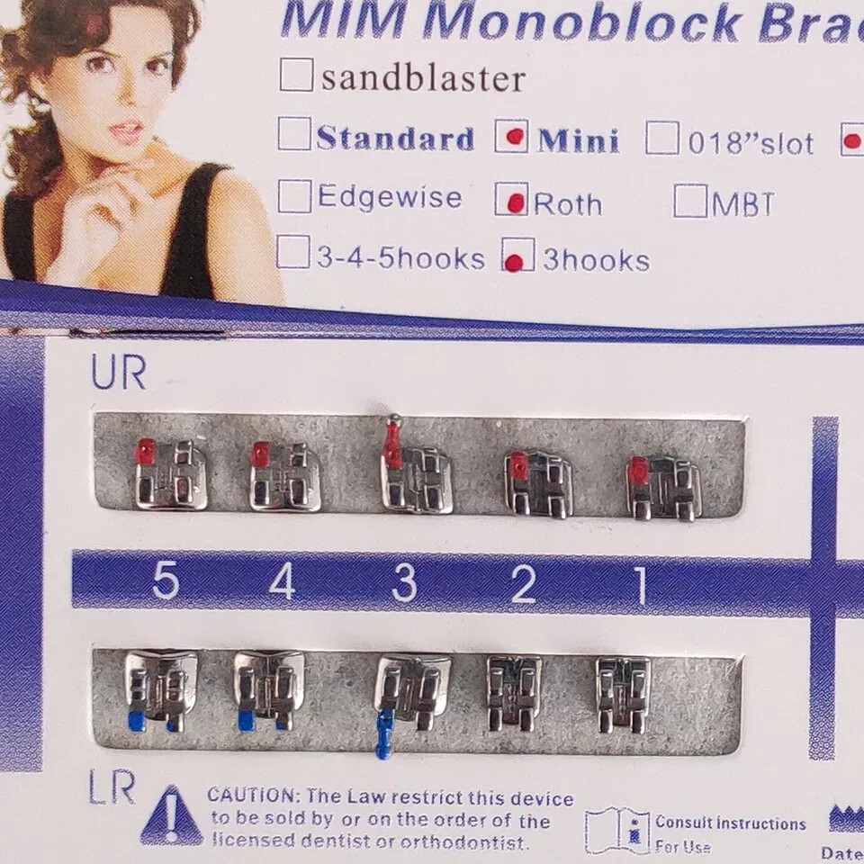 Dental Orthodontic Metal Bracket MIM Monoblock Mini Roth 022 3 Hooks Mesh Base