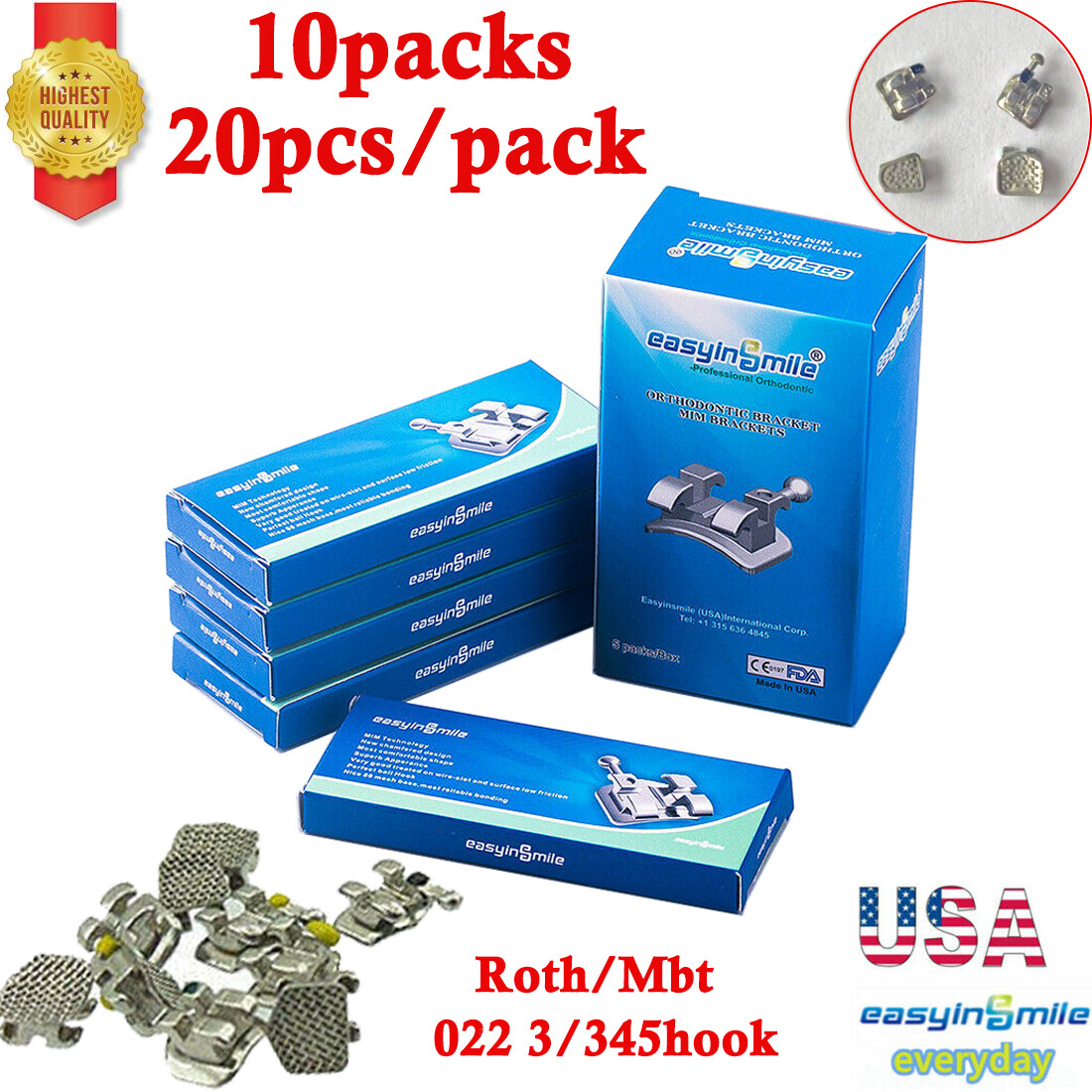 10Pks Orthodontic Bracket Mini Braces MBT/Roth 022 Dental Metal Braces 3/345Hook
