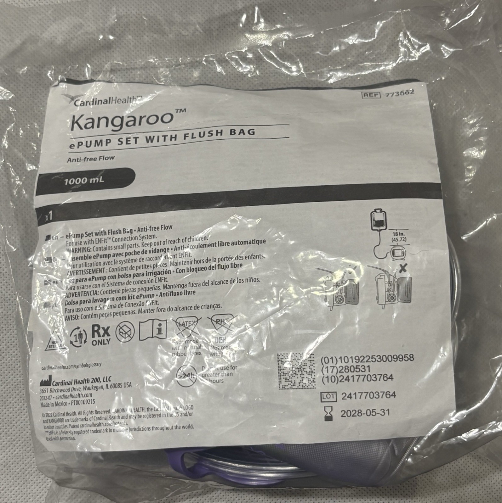 Cardinal Health Kangaroo ePump Set w/Flush Bag 773662 1000mL Lot of 8 NEW 5/2028